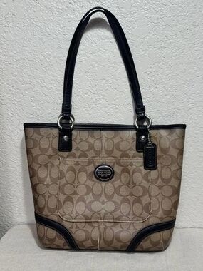 Coach Peyton Signature Heritage Tote Bag F18917 Khaki Dark Brown Trim Purse